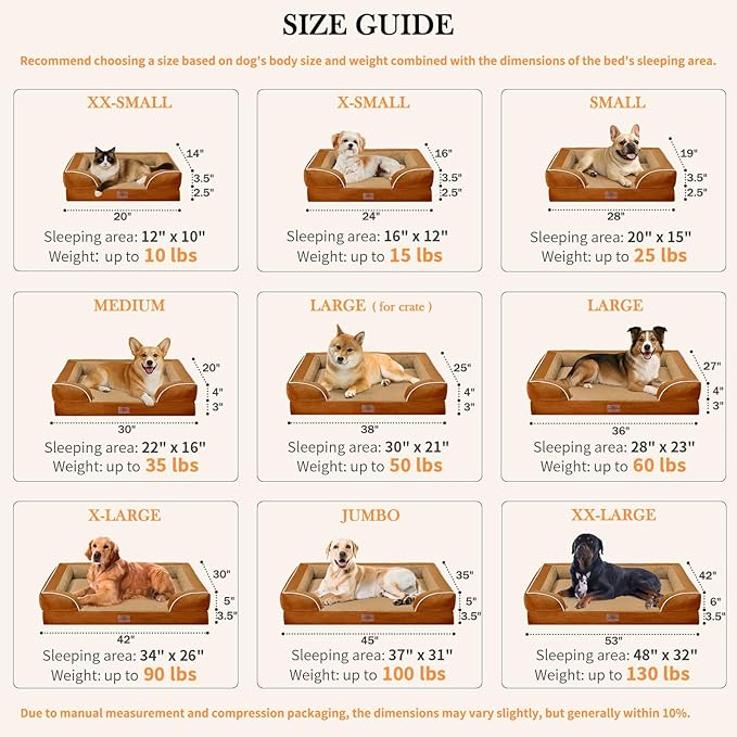 Comfort Expression Medium Dog Beds Waterproof Orthopedic Foam Dog Sofa Beds for Medium Large Dogs Comfy Pet Bed with Washable Removable Cover & Non-Slip Bottom(Medium,Caramel)
