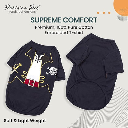 Parisian Pet Captain Sparrow Dog Shirt - Embroidered Pirate Costume - 100% Cotton & Polyester - Sleeved Black Dog Shirt - Large - Pet Costume