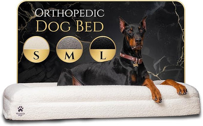 Luxury Boucle Fabric Orthopedic Dog Bed with Memory Foam | Breathable Comfort and Washable Dog Couch Bed with Waterproof Liner & Cover | Sofa Beds for Medium Dogs - Bone 37"x30"x7.7"