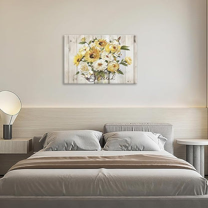 Sunflower Bathroom Pictures Wall Art, Simple Blessed Floral Bathroom Wall Decor, Flower Framed Painting Canvas Artwork for Bedroom Living Room Decorations 24"L x 16"W