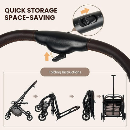 Pet Stroller, Small to Medium Dogs & Cats, Foldable, One-Hand Fold, Detachable Carrier, Latte Color