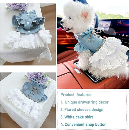 Girl Dog Denim Dress with Flared Sleeves Dog Jeans Jacket Blue White Puppy Clothes for Small Dogs Cat Apparel Cake Skirt Pet Outfit (Blue, Medium)