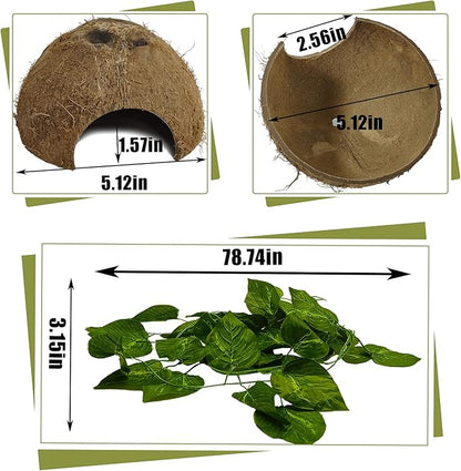 Hamiledyi Reptile Hideouts Natural Coconut Shells Hut Hermit Crab Climbing Toys Gecko Hide Cave Lizard Habitat Decor Plant Leaves Decoration for Spider Snake Chameleon (4Pcs)