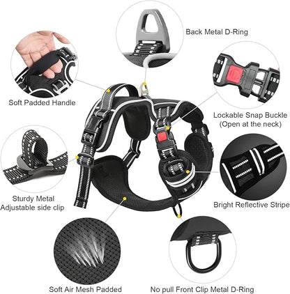 Timos Dog Harness, No-Pull Pet Harness with 2 Leash Clips, 3 Snap Buckles Adjustable Soft Padded Dog Vest, Reflective No-Choke Pet Oxford Vest with Easy Control Handle for Small Medium Large Dogs