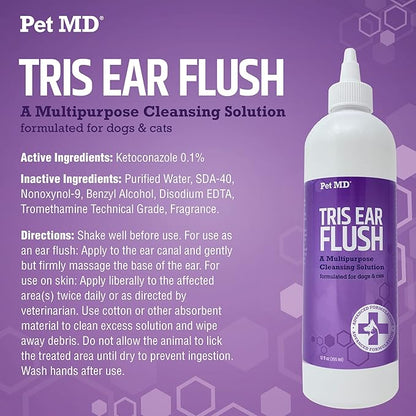 Pet MD Dog Ear Cleaning Wipes with Aloe and Eucalyptus + Veterinary Tris Flush Cat & Dog Ear Cleaner