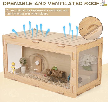 COZIWOW Wooden Hamster Cage Chewproof, Bigger World - 32" Large Hamster Cages and Habitats, Openable Top & 3 Side Acrylic Sheets, Small Animal Cage Pet House for Syrian Dwarf Guinea Pig Chinchilla