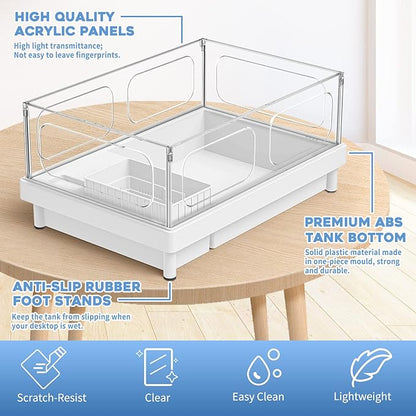 Small Turtle Tank Kit(Tank+Light+Filter), Acrylic Turtle Tank Starter Kit with Bask Platform, Bottom Drain, Multi-Function Area for Small Reptiles.(White)