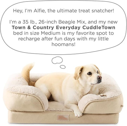 TOWN & COUNTRY EVERYDAY CuddleTown Comfy Solid Bolster Sofa Pet Bed, Supportive & Calming Egg Crate Foam, Non-Slip Bottom, Machine Washable Cover, Warm Taupe, Medium 28"x23"x8"