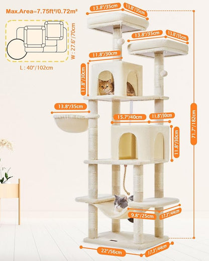 Taoqimiao Cat Tree, 71.7-Inch Cat Tower for Indoor Cats, Plush Multi-Level Cat Condo with 13 Scratching Posts, 2 Perches, 2 Caves, Hammock, 2 Pompoms,Beige MS013LM