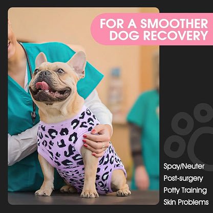 FUAMEY Recovery Suit for Dogs After Surgery,Soft Breathable Dog Bodysuit E-Collar & Cone Alternative Surgical Suit,Male Female Dog Neuter Spay Suits Anti Licking Wounds Onesie Purple Leopard XS