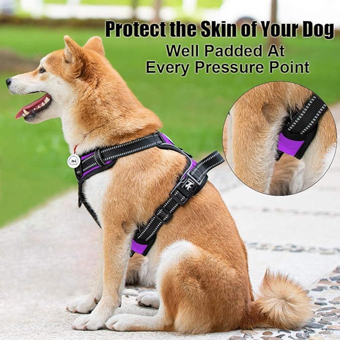 PoyPet No Pull Dog Harness, Reflective Comfortable Vest Harness with Front & Back 2 Leash Attachments and Easy Control Handle Adjustable Soft Padded Pet Vest for Small to Large Dogs (Purple,M)