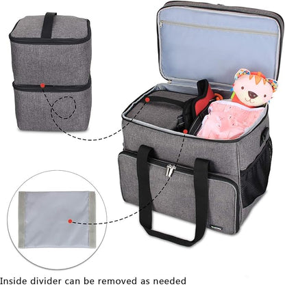 Teamoy Double Layer Dog Travel Bag, Dog Bag for Supplies with 2 Silicone Collapsible Bowls, 2 Food Carriers, 1 Water-Resistant Placemat, Pet Supplies Weekend Tote Organizer (Large, Gray)