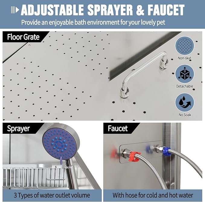50" Dog Washing Station, Professional Stainless Steel Dog Bathing Station, Equipped/W Three Anti-Slip Steps, Removable Door, Upgraded Spray Nozzle&Hose - for Home, Pet Grooming Salon (50" Left ramp)