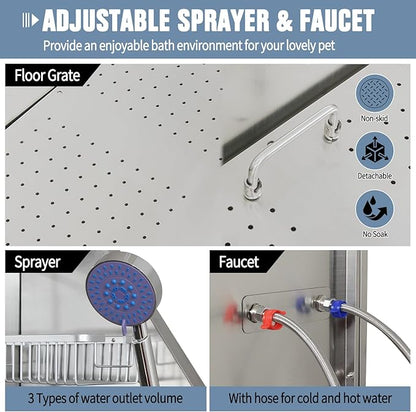 50" Dog Washing Station, Professional Stainless Steel Dog Bathing Station, Equipped/W Three Anti-Slip Steps, Removable Door, Upgraded Spray Nozzle&Hose - for Home, Pet Grooming Salon (50" Left ramp)