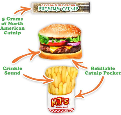 Meowijuana Refillable Cat Toys | Get Hungry - Burger and Fries Catnip Toys | Includes Potent Hand Harvested Catnip Grown in North America | Promotes Play and Cat Health