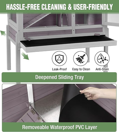 GUTINNEEN Guinea Pig Cage Rabbit Cage Indoor with Chew-Proof Edges, Clean Deep Tray, Leakproof PVC Layer, Small Animals Cage with Adjustable Legs - Grey