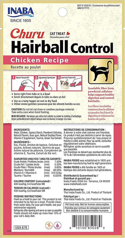 INABA Churu for Cats, Functional, Creamy Lickable Purée Cat Treat for Hairball Control with Taurine & Vitamin E, 0.5 Ounces Each, 48 Tubes (4 per Pack), Chicken Recipe