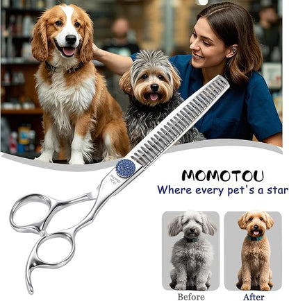 7'' Dog Grooming Scissors CNC 440C Blades Sharp and Durable Polished Chunker Dog Shears with Blue Diamond Adustable Screws Easy to Use for Groomer and Home User
