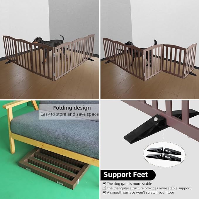 ZJSF Foldable Freestanding Indoor Dog Gate for House Wood Long Pet Gates Dog Fence for Stairs Puppy Gates for Hallways, Puppy Gate,Support Feet Included, Brown, 32 "Height-6 Panels