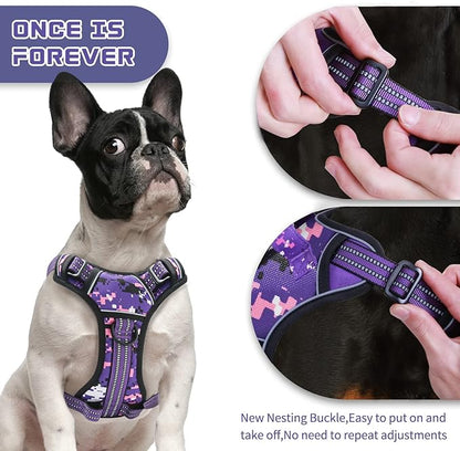 No Pull Dog Harness for Medium Dogs, Adjustable No Choke Pet Vest with Dog Leash Fit Smart Reflective Pet Walking Harness for Training Easy Control Soft Handle Purple Camo M