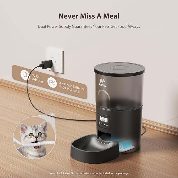 Automatic Cat Feeders, 3L Timed Cat Dry Food Dispenser, Dual Power Supply, Programmable Portion Size, 1-6 Meals Per Day, Auto Pet Feeder for Cats and Small Dogs