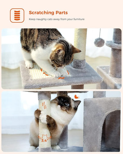 PEQULTI Small Cat Tree, [28.5''] Cat Tower for Indoor Cats, 2 Styles Activity Tree with Cat Scratching Posts, Big Hammock and Removable Top Perch Grey