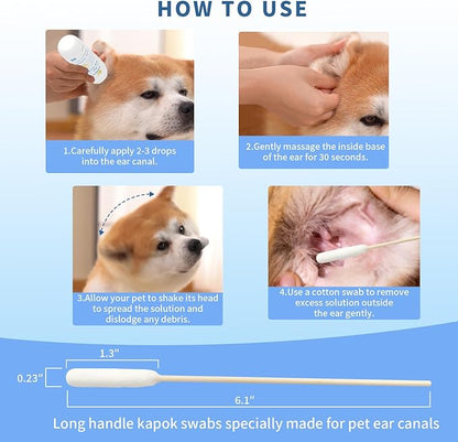 Tris Flush Cat & Dog Ear Cleaner - Dog Ear Infection Treatment with PHMB, Removes Wax, Odo, Gentle & Hypoallergenic, with 20 Cotton Qtips, 4 Fl oz