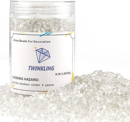 TWINKLING High Luster Round Fire Glass Stones, Marbles, Pebbles, Beads Gems for Fire Pit Vase Fillers Crafts Aquarium Garden Decoration, 3-6mm, 1-Pound Jar (Crystal)