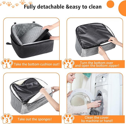 Dog Car Seat for Small Dogs,Detachable Washable Dog Booster Seat Under 30lbs, Pet Car Seat Travel Bed with Storage Pockets and Dog Safety Belt (Black/Grey)