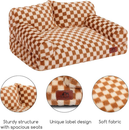 Hollypet Fluffy Plush Dog Cat Pet Couch Soft Calming Sofa Bed for Medium Small Cats and Dogs, Brown and Light Yellow