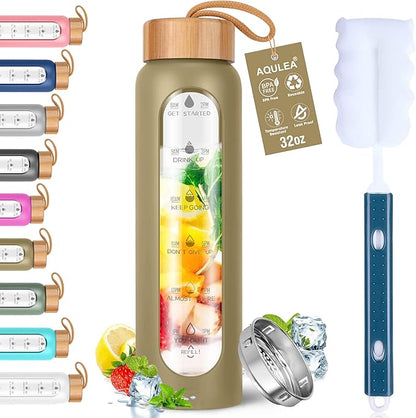 Aqulea Glass Water Bottles with Silicone Sleeve - BPA Free Reusable Wide Mouth Glass Motivational Water Bottles with Fruit Infuser – Leak Proof Borosilicate Water Bottle with Time Marker