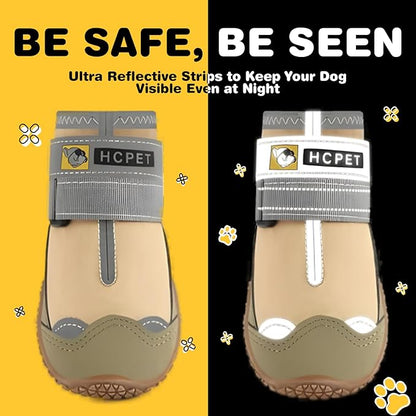 Hcpet Dog Shoes for Large Dogs, Waterproof Dog Booties for Small Medium Dogs, Anti-Slip Dog Boots & Paw Protectors for Hot Pavement Winter Snow Hiking with Reflective Straps Khaki Size 6