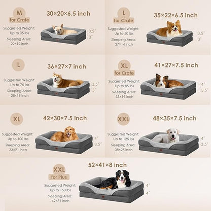 EHEYCIGA Memory Foam Dog Bed for Medium Size, Orthopedic Dog Sofa with Sides and Waterproof Liner, Washable Bolster Pet Couch with Removable Cover, 35x22x6.5 Inch, Grey