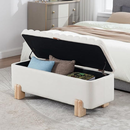 Kmax 45" Storage Bench Linen Entryway Bench Upholstered Ottoman Bench with Wavy Top & Safty Hinge for Bedroom Living Room Hallway, Beige