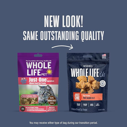 Whole Life Cat Just One Salmon Freeze Dried Cat Treats - Human Grade High Protein Food, Healthy Training Snacks, Freeze Dried Salmon Food Toppers, USA Made Natural Treats - 1 oz (Pack of 1)