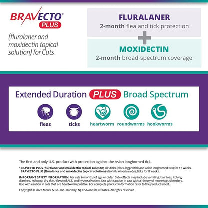 BRAVECTO PLUS Topical Solution for Cats, Flea, Tick & Heartworm, 2 Months Supply, 13.8-27.5 lbs., Purple Box