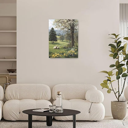 Country Sheep Canvas Wall Decor Farmhouse Rustic Lamb Wildflower Wall Art Nature Countryside Landscape Pictures Painting Print Framed Artwork Decorations for Bathroom Living Room Bedroom 12"x16"