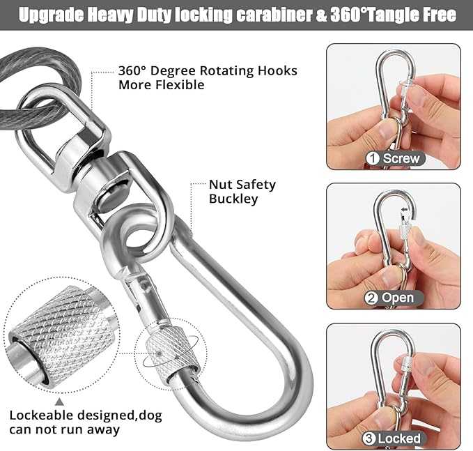 Jenico Dog Tie Out Cable, 10/15/20/30/40/50/70/100/150FT Runner Cable with Swivel Hook and Shock Spring, Yard and Camping Dog Leash Run Tether, Up to 500 LBS
