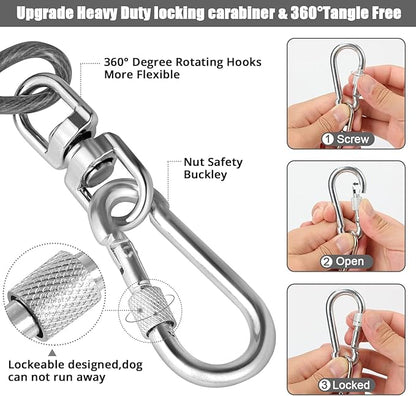 Jenico Dog Tie Out Cable, 10/15/20/30/40/50/70/100/150FT Runner Cable with Swivel Hook and Shock Spring, Yard and Camping Dog Leash Run Tether, Up to 500 LBS