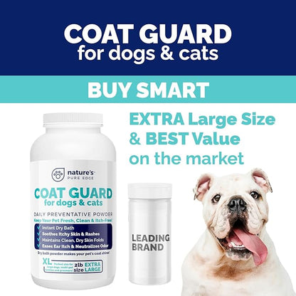 Coat Guard Dry Shampoo for Dogs and Cats - Extra Large 2 lbs Jar, Dog Dry Shampoo Powder, Waterless Dog Shampoo, Anti Itch Relief, Cedar Scented, Anti Dandruff, Hot Spots, Nature's Pure Edge