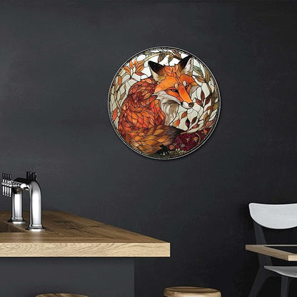Lygond Metal Sign Tin Sign Circular Stained Glass Red Fox2 Funny Garden Signs For Garage 12×12 Inches