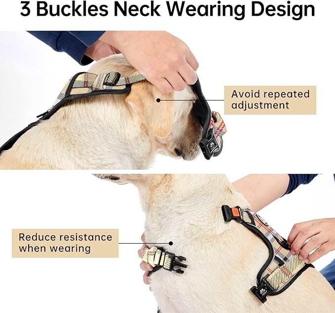 IVY&LANE No Pull Dog Harness with Leash Set, Reflective No Choke Pet Vest,Adjustable Oxford Dog Vest Harness with Easy Control Handle for Large Dogs (Checkered Beige,L)