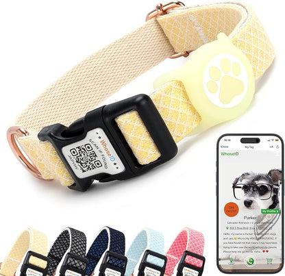Dog Collar with Waterproof AirTag Holder & Anti-Lost QR Code, Cute Bling Warpping Adjustable Width for Small Medium Large Pet (Yellow, L)