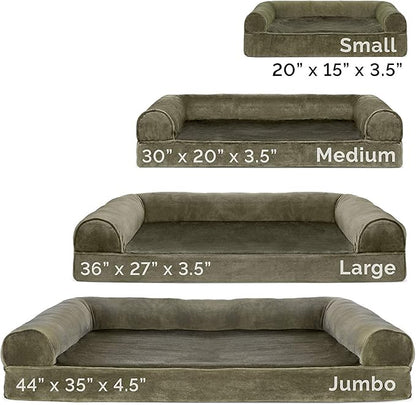 Furhaven Orthopedic Dog Bed for Large/Medium Dogs w/ Removable Bolsters & Washable Cover, For Dogs Up to 55 lbs - Faux Fur & Velvet Sofa - Dark Sage, Large
