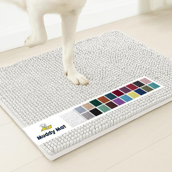 Muddy Mat® AS-SEEN-ON-TV Highly Absorbent Microfiber Door Mat and Pet Rug, Non Slip Thick Washable Area and Bath Mat Soft Chenille for Kitchen Bathroom Bedroom Indoor and Outdoor - White 36" x 120"