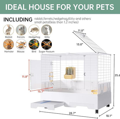 Oneluck Indoor Bunny Cage with Pull-Out Tray,Wheels and Transparent Panel，Rabbit, Guinea Pig, Chinchillas, and Small Animal Condo