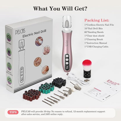 PELCAS Electric Nail File, 10 Speeds Cordless Nail Drill Kit with LED Light, Professional Nail Grinder with LCD Screen Portable e File for Human, Pet, Thick Toenails, Natural & Acrylic Nails Pink