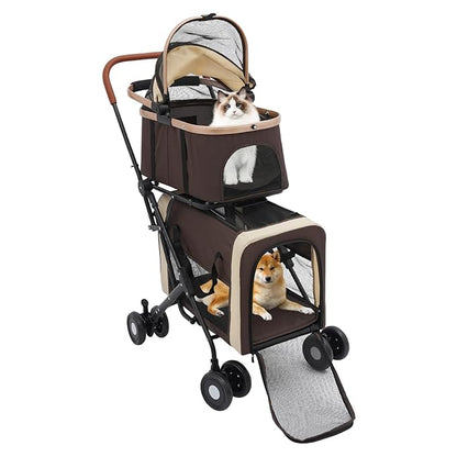 2-Layers Pet Stroller for 2 Cats/Dogs,Foldable Lightweight 77lbs Capacity Carrier, 4 Wheels, Removable Basket & Storage Pocket,for Small Pets (Coffee)