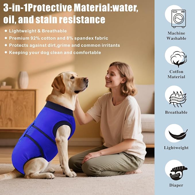 Idepet Dog Recovery Suit Female,Dogs Onesie Suit Surgery Male Breathable Pet Bodysuit for Spay Neuter E-Collar & Cone Alternative Surgical Suit Puppy Abdominal Anti Licking Wounds Shirt (Blue, L)
