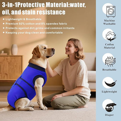 Idepet Dog Recovery Suit Female,Dogs Onesie Suit Surgery Male Breathable Pet Bodysuit for Spay Neuter E-Collar & Cone Alternative Surgical Suit Puppy Abdominal Anti Licking Wounds Shirt (Blue, L)